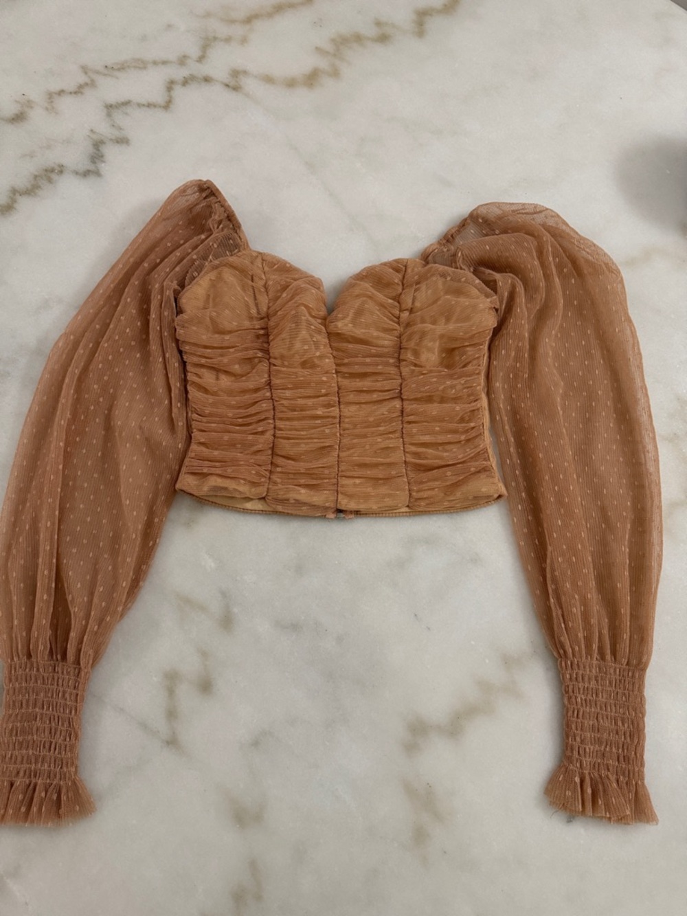 Fashion Nova Ruched Puff Sleeve Crop Top in Camel Brown